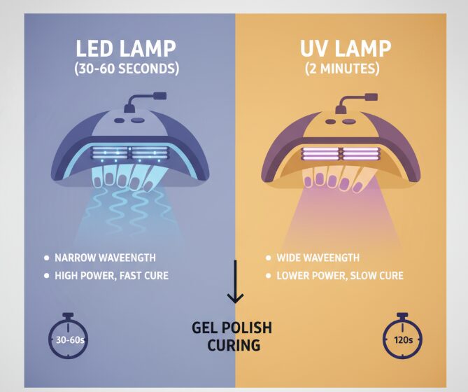How long does it take to cure gel nail polish using LED and UV lamps?