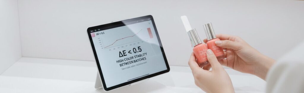 女性がマニキュアのボトルを持っており、画面にはマニキュアに関する情報が表示されている。