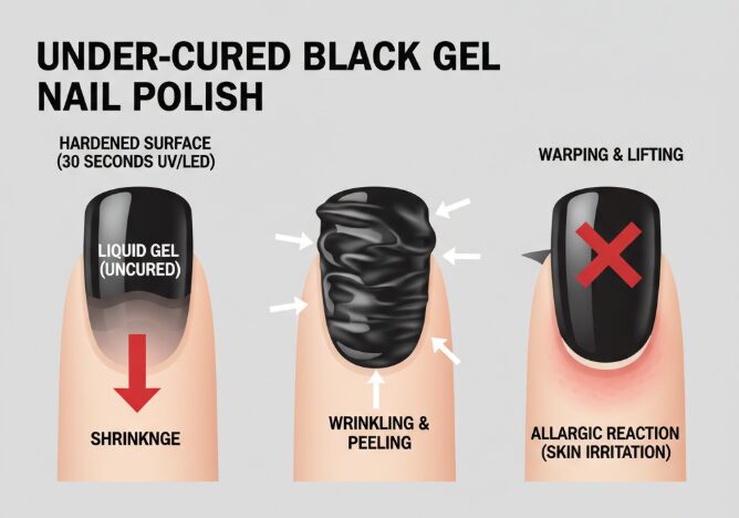 When working with highly saturated and highly pigmented nail polishes, curing requires more time.