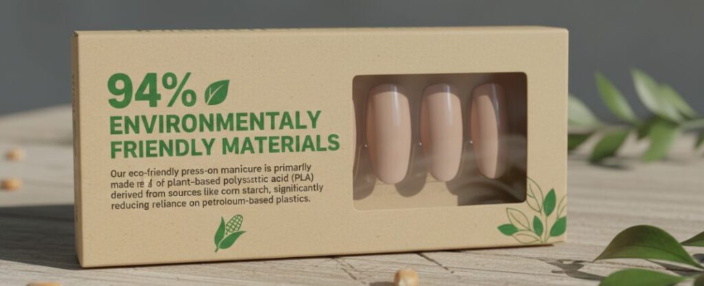 Eco-friendly press-on nails, made with 94% environmentally friendly materials.