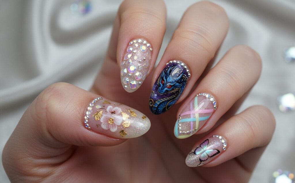 Her fingernails were painted with various shades of nail polish.