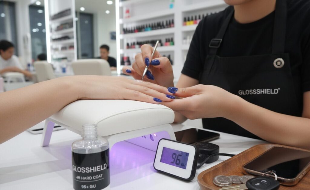 One person is applying nail polish to another person's nails.