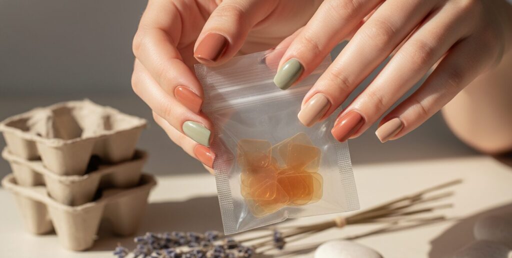 Holding nail polish strips in my hand.