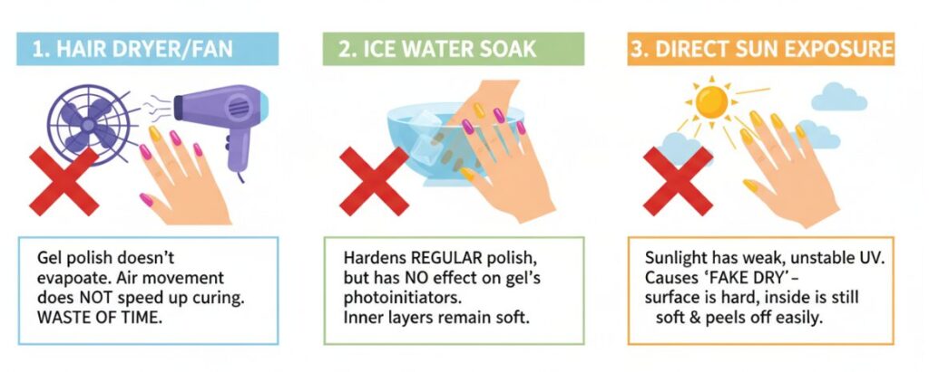 Les méthodes telles que l'utilisation d'un sèche-cheveux, le trempage dans de l'eau glacée ou l'exposition au soleil ne sèchent pas le vernis à ongles en gel.