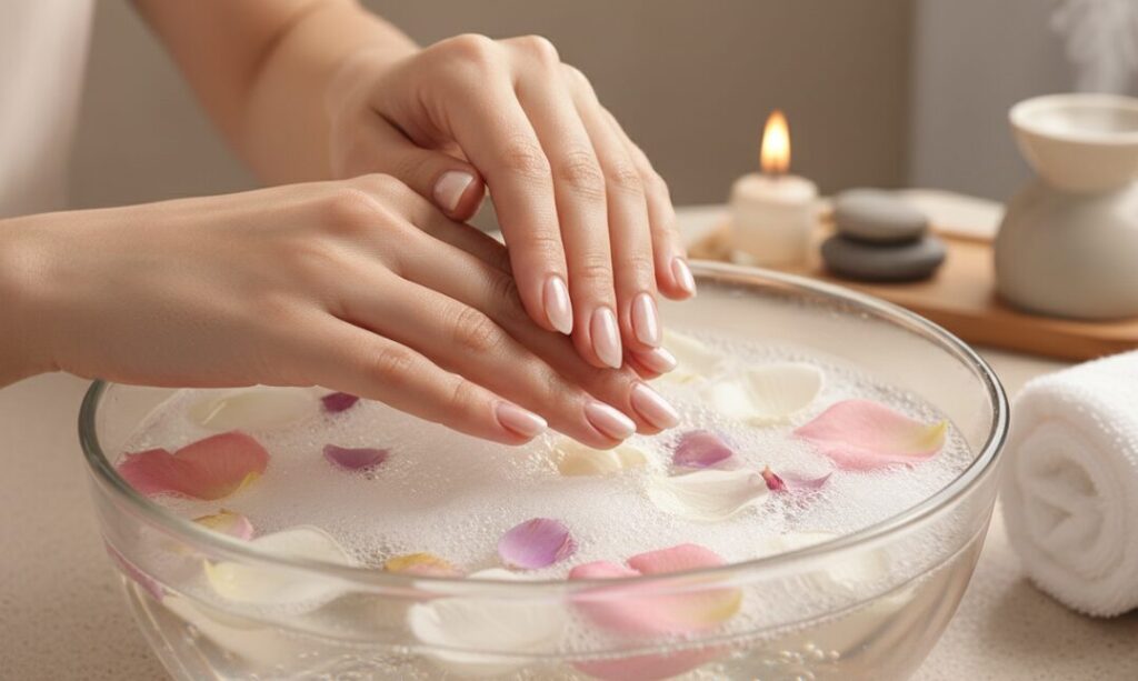A woman prepares to put her hand into soapy water